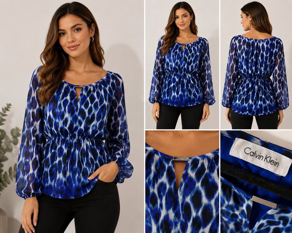 Calvin Klein Blue Abstract Animal Print Blouse Women's Long Sleeve Keyhole Top